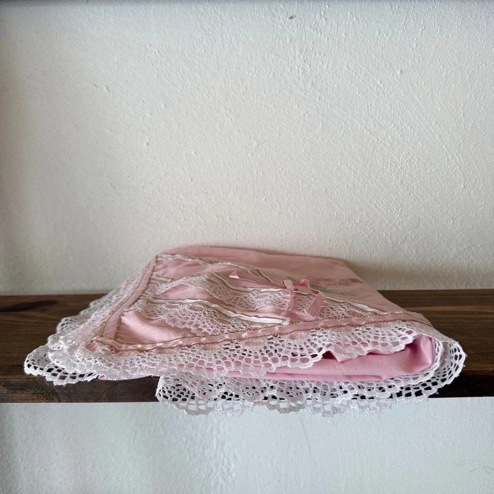 Vintage Pink Baby Blanket Lace Trim Girl Floral Bow 40x33